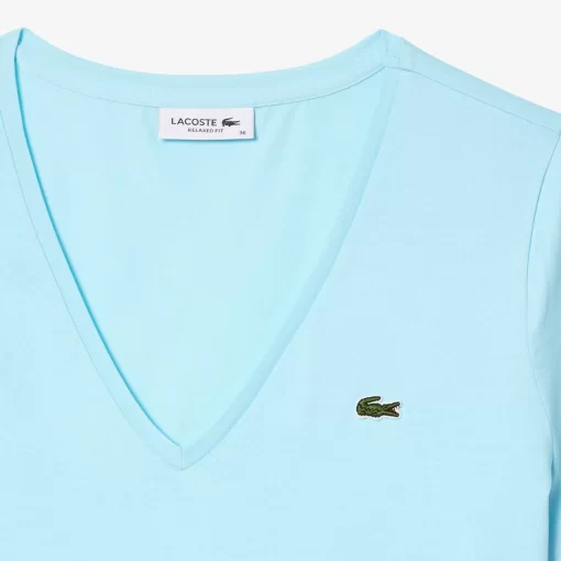 Lacoste T-Shirts>Damen-T-Shirt Aus Baumwolle Mit V-Ausschnitt Hellblau Siz