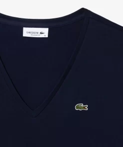 Lacoste T-Shirts>Damen-T-Shirt Aus Baumwolle Mit V-Ausschnitt Navy Blau 166