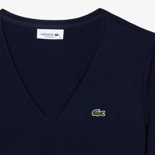 Lacoste T-Shirts>Damen-T-Shirt Aus Baumwolle Mit V-Ausschnitt Navy Blau 166