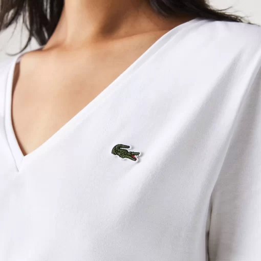 Lacoste T-Shirts>Damen-T-Shirt Aus Baumwolle Mit V-Ausschnitt Weis 001