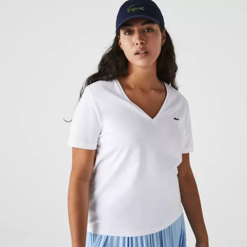 Lacoste T-Shirts>Damen-T-Shirt Aus Baumwolle Mit V-Ausschnitt Weis 001