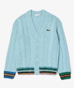 Lacoste Pullover>Gestreifter Cardigan Im Zopfmuster Hellblau / Weis Piw