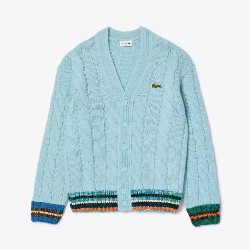 Lacoste Pullover>Gestreifter Cardigan Im Zopfmuster Hellblau / Weis Piw