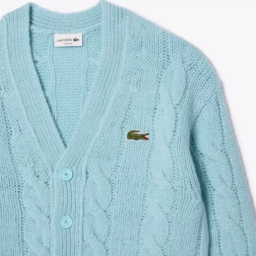 Lacoste Pullover>Gestreifter Cardigan Im Zopfmuster Hellblau / Weis Piw