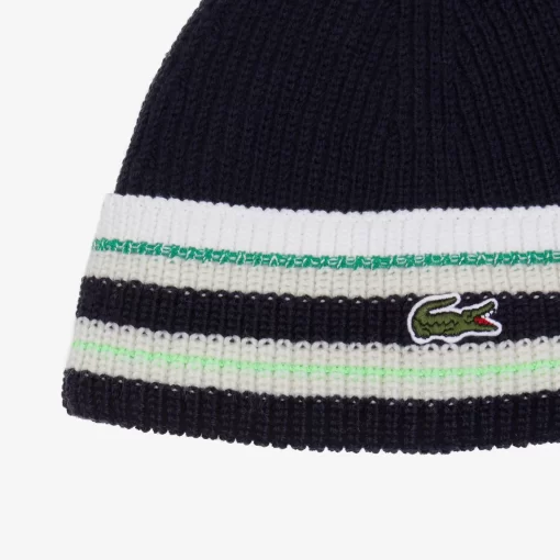 Lacoste Mutzen>Gestreifter Woll-Beanie, In Frankreich Hergestellt Navy Blau / Weis / Grun Nzi