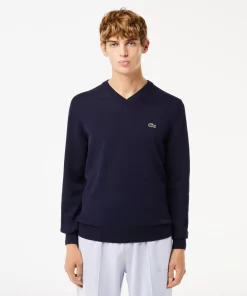 Lacoste Pullover>Herren Baumwollpullover Mit V-Ausschnitt Navy Blau 166