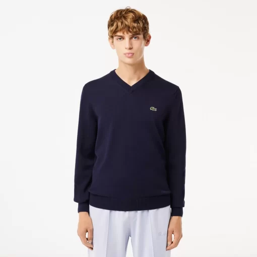 Lacoste Pullover>Herren Baumwollpullover Mit V-Ausschnitt Navy Blau 166