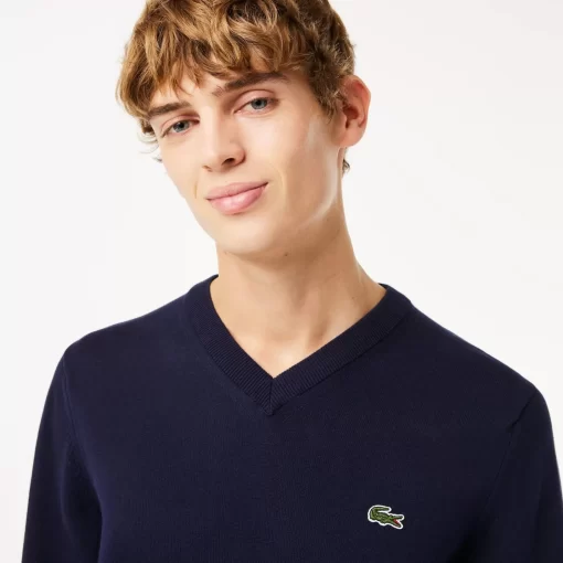 Lacoste Pullover>Herren Baumwollpullover Mit V-Ausschnitt Navy Blau 166