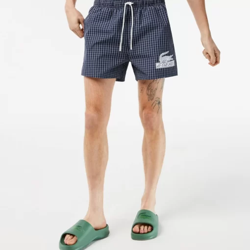 Lacoste Badebekleidung>Herren Badehose Aus Recyceltem Polyester Mit Karomuster Navy Blau / Weis Xch