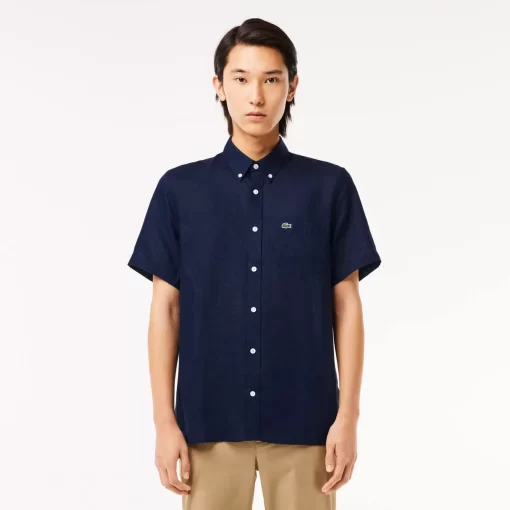 Lacoste Hemden>Herren Leinen-Hemd Navy Blau 166