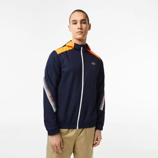 Lacoste Tennis>Herren Tennis Kapuzenjacke Aus Recyceltem Polyester Navy Blau / Orange / Weis / Orange / Weis Ag4