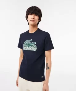 Lacoste T-Shirts>Herren T-Shirt Aus Baumwolljersey Mit Aufdruck Navy Blau 166