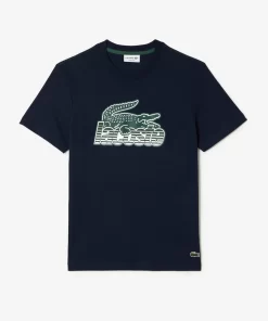 Lacoste T-Shirts>Herren T-Shirt Aus Baumwolljersey Mit Aufdruck Navy Blau 166