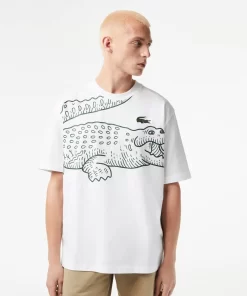 Lacoste T-Shirts>Herren T-Shirt Mit Rundhals Und Krokodil-Aufdruck Weis 001