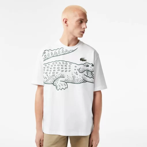 Lacoste T-Shirts>Herren T-Shirt Mit Rundhals Und Krokodil-Aufdruck Weis 001