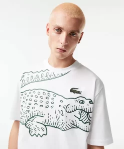 Lacoste T-Shirts>Herren T-Shirt Mit Rundhals Und Krokodil-Aufdruck Weis 001