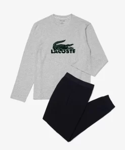 Lacoste Unterwäsche & Loungewear>Herren Pyjama-Set Lang Mit Samt-Logo Navy Blau / Heidekraut Grau / Grun Vxd