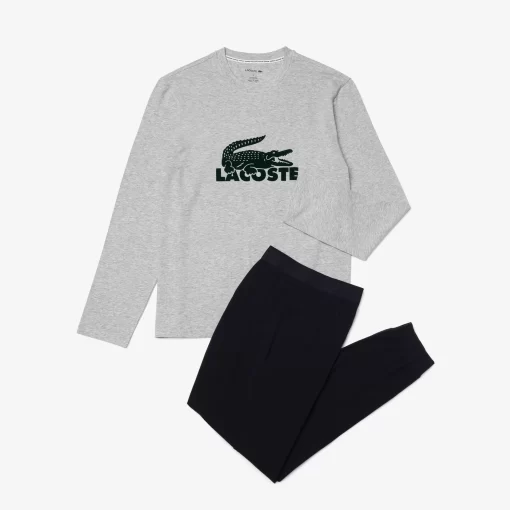 Lacoste Unterwäsche & Loungewear>Herren Pyjama-Set Lang Mit Samt-Logo Navy Blau / Heidekraut Grau / Grun Vxd