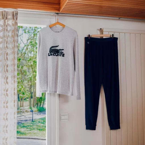 Lacoste Unterwäsche & Loungewear>Herren Pyjama-Set Lang Mit Samt-Logo Navy Blau / Heidekraut Grau / Grun Vxd