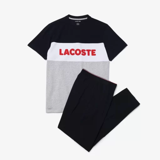 Lacoste Unterwäsche & Loungewear>Herren Pyjama-Set Mit Colourblock Aus Baumwolle Heidekraut Grau / Navy Blau / Weis / Rot 4Ty