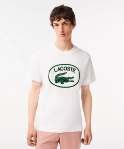 Lacoste T-Shirts>Herren T-Shirt Aus Baumwolle Mit Ton-In-Ton Logo Weis / Grun 737