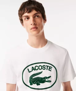 Lacoste T-Shirts>Herren T-Shirt Aus Baumwolle Mit Ton-In-Ton Logo Weis / Grun 737