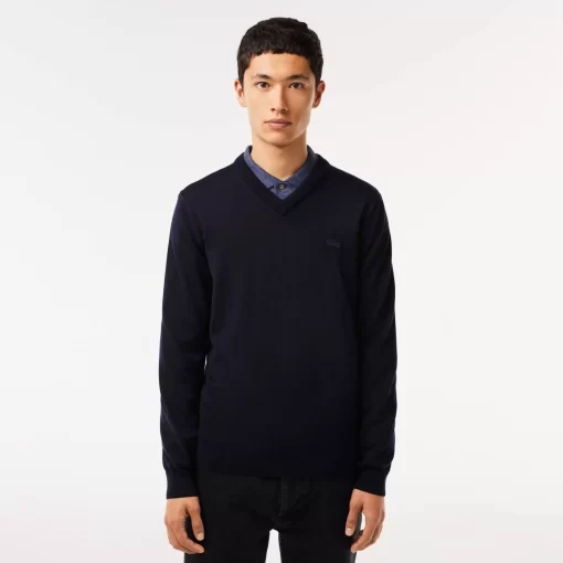 Lacoste Pullover>Herren Woll-Pullover Mit V-Ausschnitt Navy Blau 166