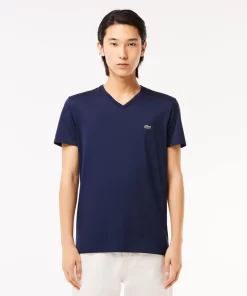 Lacoste T-Shirts>Herren-Shirt Aus Pima-Baumwolljersey Mit V-Ausschnitt Navy Blau 166