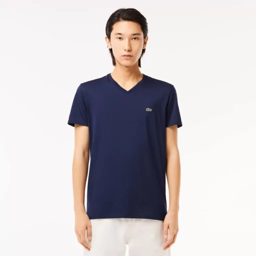 Lacoste T-Shirts>Herren-Shirt Aus Pima-Baumwolljersey Mit V-Ausschnitt Navy Blau 166