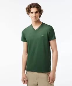 Lacoste T-Shirts>Herren-Shirt Aus Pima-Baumwolljersey Mit V-Ausschnitt Dunkelgrun Smi