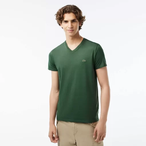 Lacoste T-Shirts>Herren-Shirt Aus Pima-Baumwolljersey Mit V-Ausschnitt Dunkelgrun Smi