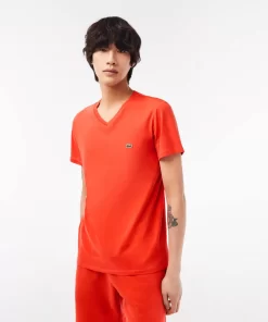 Lacoste T-Shirts>Herren-Shirt Aus Pima-Baumwolljersey Mit V-Ausschnitt Orange 02K