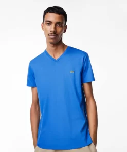 Lacoste T-Shirts>Herren-Shirt Aus Pima-Baumwolljersey Mit V-Ausschnitt Konigsblau Kxb