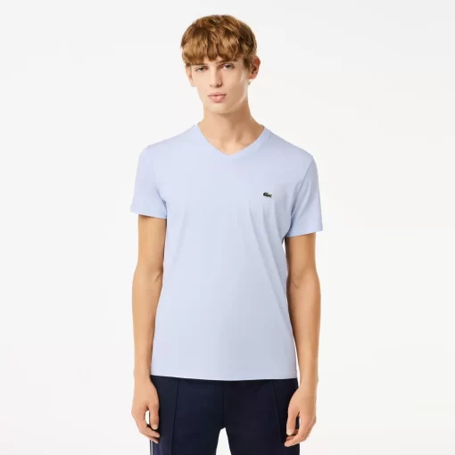 Lacoste T-Shirts>Herren-Shirt Aus Pima-Baumwolljersey Mit V-Ausschnitt Hellblau J2G