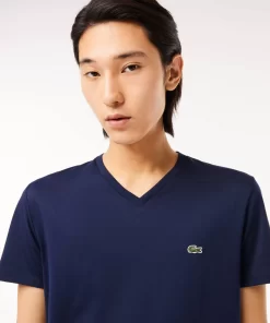 Lacoste T-Shirts>Herren-Shirt Aus Pima-Baumwolljersey Mit V-Ausschnitt Navy Blau 166