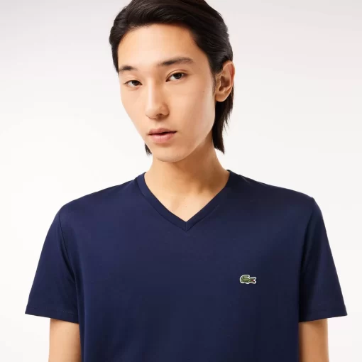 Lacoste T-Shirts>Herren-Shirt Aus Pima-Baumwolljersey Mit V-Ausschnitt Navy Blau 166