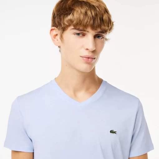 Lacoste T-Shirts>Herren-Shirt Aus Pima-Baumwolljersey Mit V-Ausschnitt Hellblau J2G