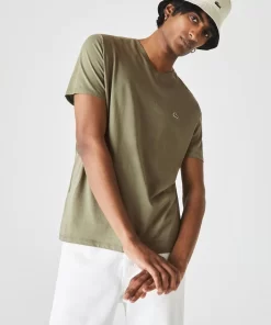 Lacoste T-Shirts>Herren-Shirt Aus Pima-Baumwolljersey Mit V-Ausschnitt Khaki Grun 316