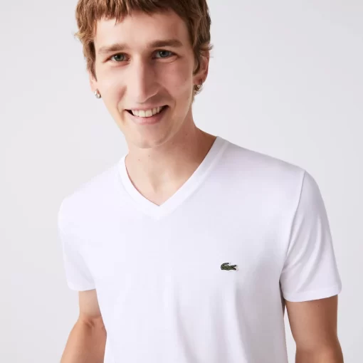 Lacoste T-Shirts>Herren-Shirt Aus Pima-Baumwolljersey Mit V-Ausschnitt Weis 001