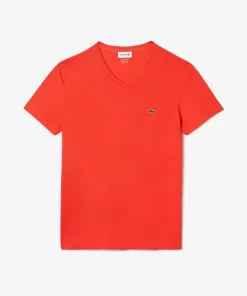 Lacoste T-Shirts>Herren-Shirt Aus Pima-Baumwolljersey Mit V-Ausschnitt Orange 02K