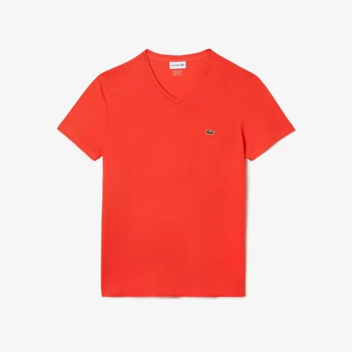 Lacoste T-Shirts>Herren-Shirt Aus Pima-Baumwolljersey Mit V-Ausschnitt Orange 02K