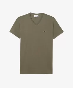 Lacoste T-Shirts>Herren-Shirt Aus Pima-Baumwolljersey Mit V-Ausschnitt Khaki Grun 316