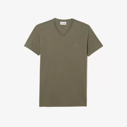 Lacoste T-Shirts>Herren-Shirt Aus Pima-Baumwolljersey Mit V-Ausschnitt Khaki Grun 316