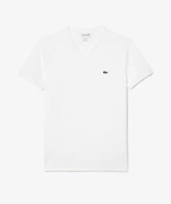 Lacoste T-Shirts>Herren-Shirt Aus Pima-Baumwolljersey Mit V-Ausschnitt Weis 001