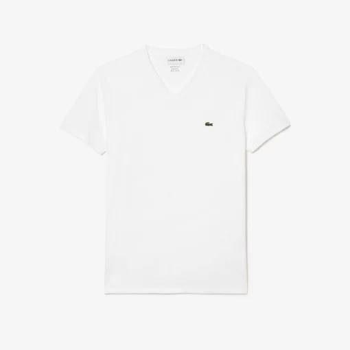 Lacoste T-Shirts>Herren-Shirt Aus Pima-Baumwolljersey Mit V-Ausschnitt Weis 001