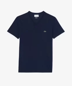 Lacoste T-Shirts>Herren-Shirt Aus Pima-Baumwolljersey Mit V-Ausschnitt Navy Blau 166