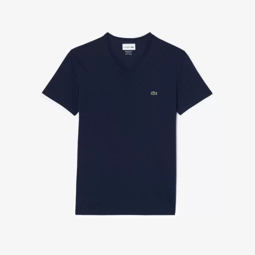 Lacoste T-Shirts>Herren-Shirt Aus Pima-Baumwolljersey Mit V-Ausschnitt Navy Blau 166