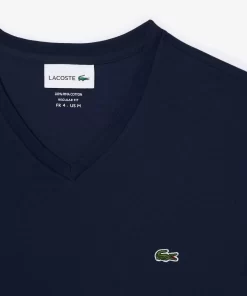 Lacoste T-Shirts>Herren-Shirt Aus Pima-Baumwolljersey Mit V-Ausschnitt Navy Blau 166