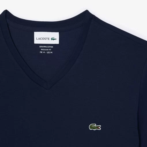 Lacoste T-Shirts>Herren-Shirt Aus Pima-Baumwolljersey Mit V-Ausschnitt Navy Blau 166