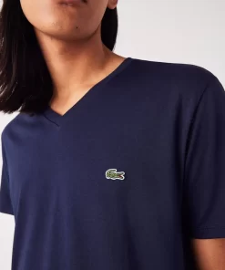 Lacoste T-Shirts>Herren-Shirt Aus Pima-Baumwolljersey Mit V-Ausschnitt Navy Blau 166